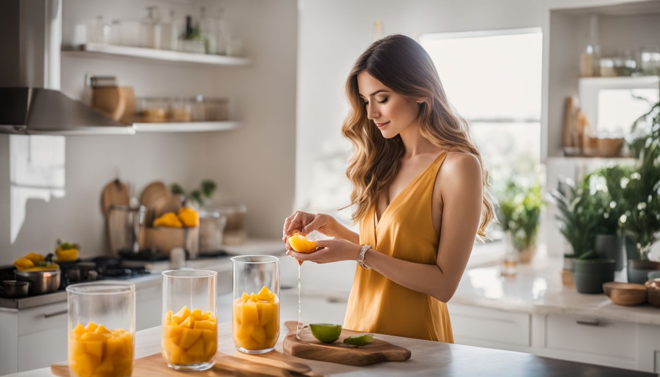 A woman making mango crystal boba in a modern kitchen.