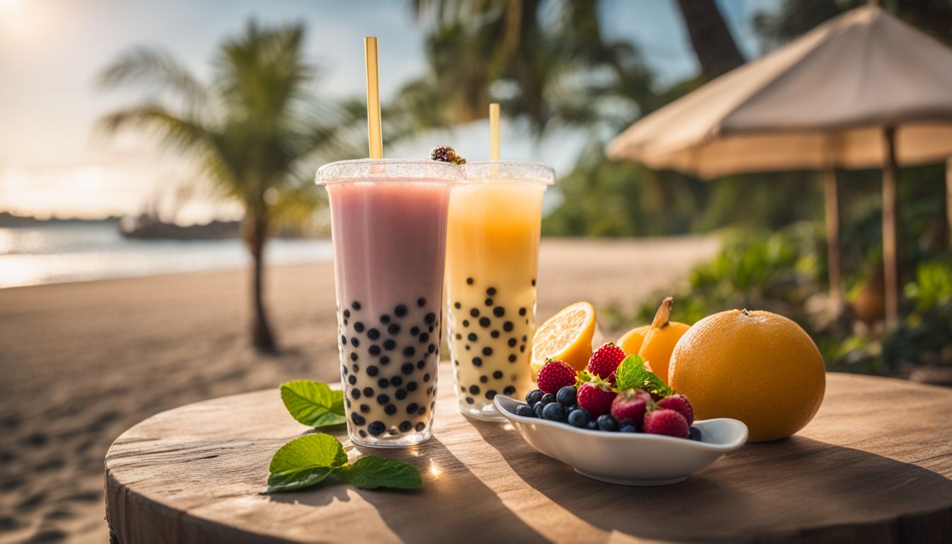 A glass of homemade bubble tea with fresh fruit on a tropical beach background.