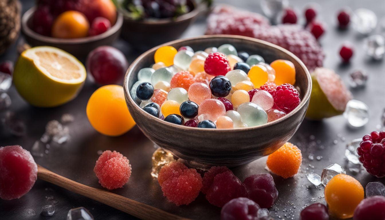 A photo of vibrant crystal boba pearls surrounded by fruit and agar agar powder.