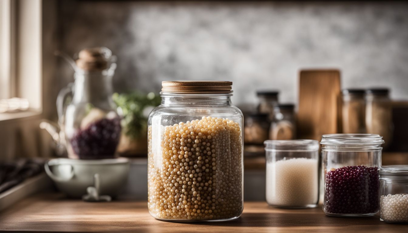 A jar of crystal boba pearls surrounded by ingredients on a kitchen shelf.