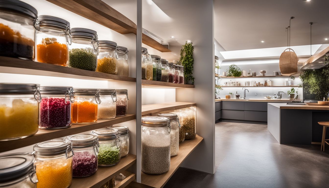 A photo of colorful homemade crystal boba jars in a modern pantry.