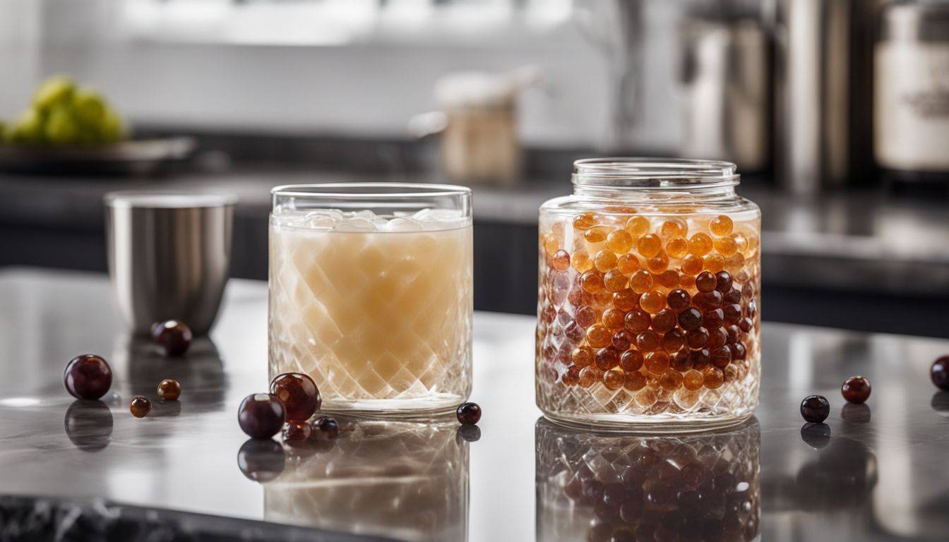 A glass jar of crystal boba pearls with various beverages.