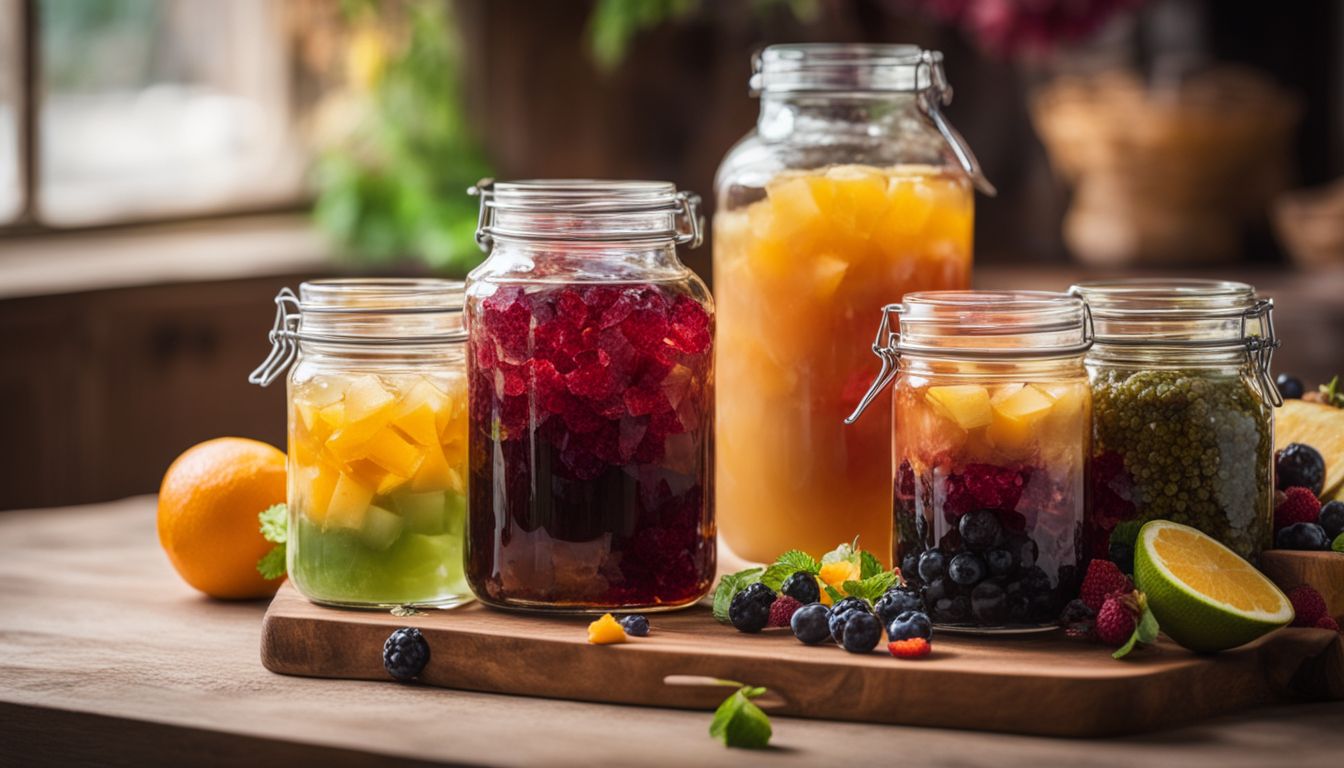 A glass jar of colorful crystal boba surrounded by syrups and fruits.