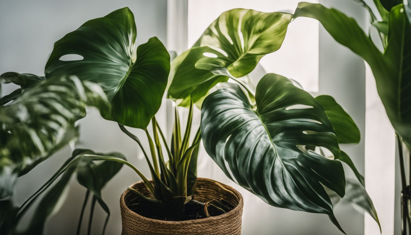 A healthy philodendron birkin plant in a bustling indoor environment.