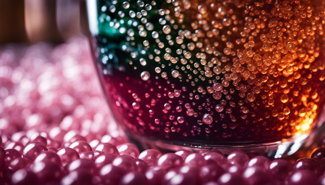 A close-up photo of vibrant crystal boba and tapioca pearls in a drink.