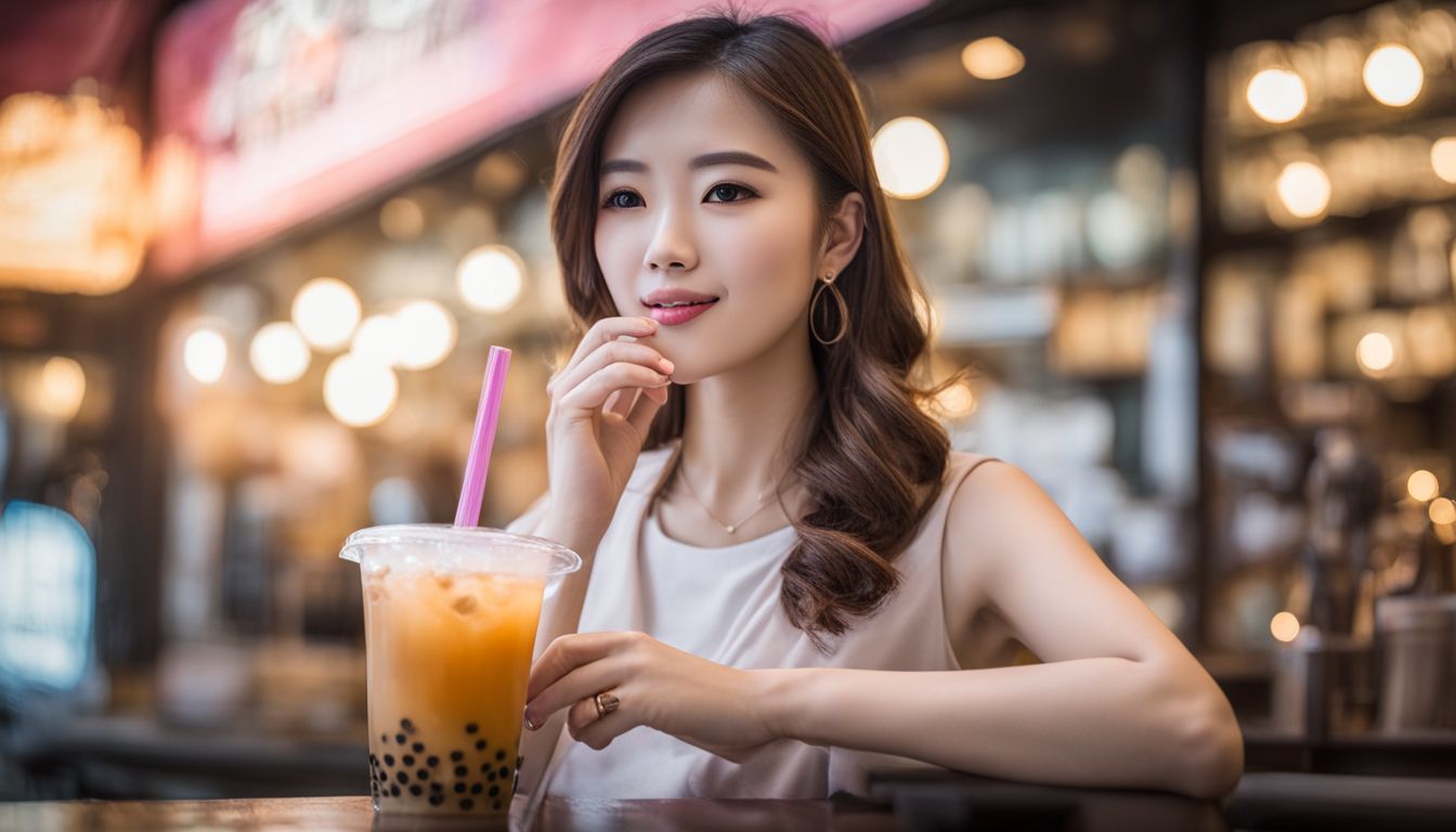 A photo of a refreshing cup of bubble tea with diverse cityscape photography.