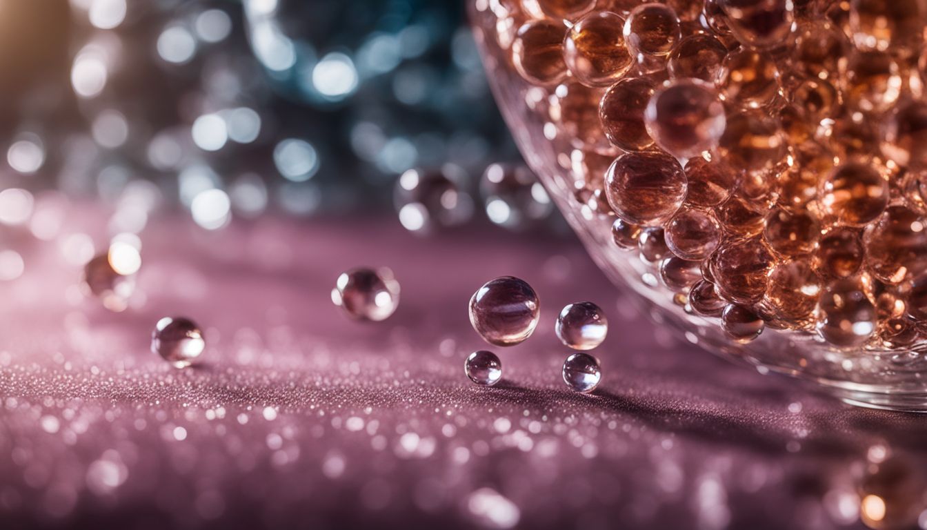 Close-up of crystal boba pearls in a clear drink with various people.