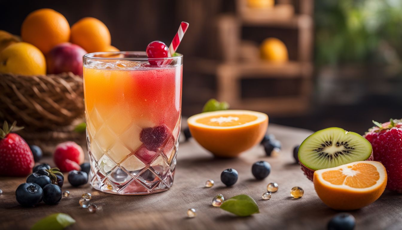 A glass of fruit juice with boba pearls surrounded by fresh fruits.