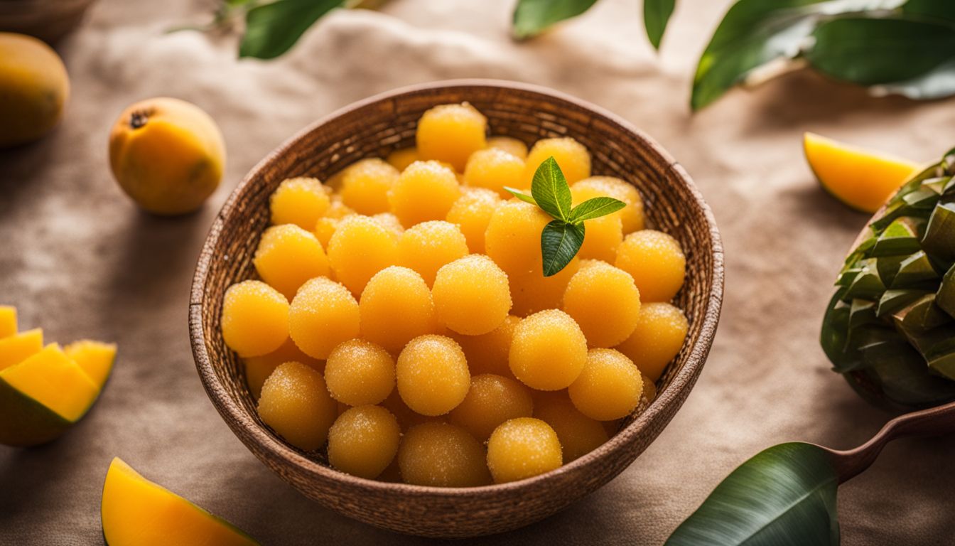 A photo of freshly made mango tapioca pearls in a tropical fruit bowl surrounded by vibrant mango slices and a bustling atmosphere.