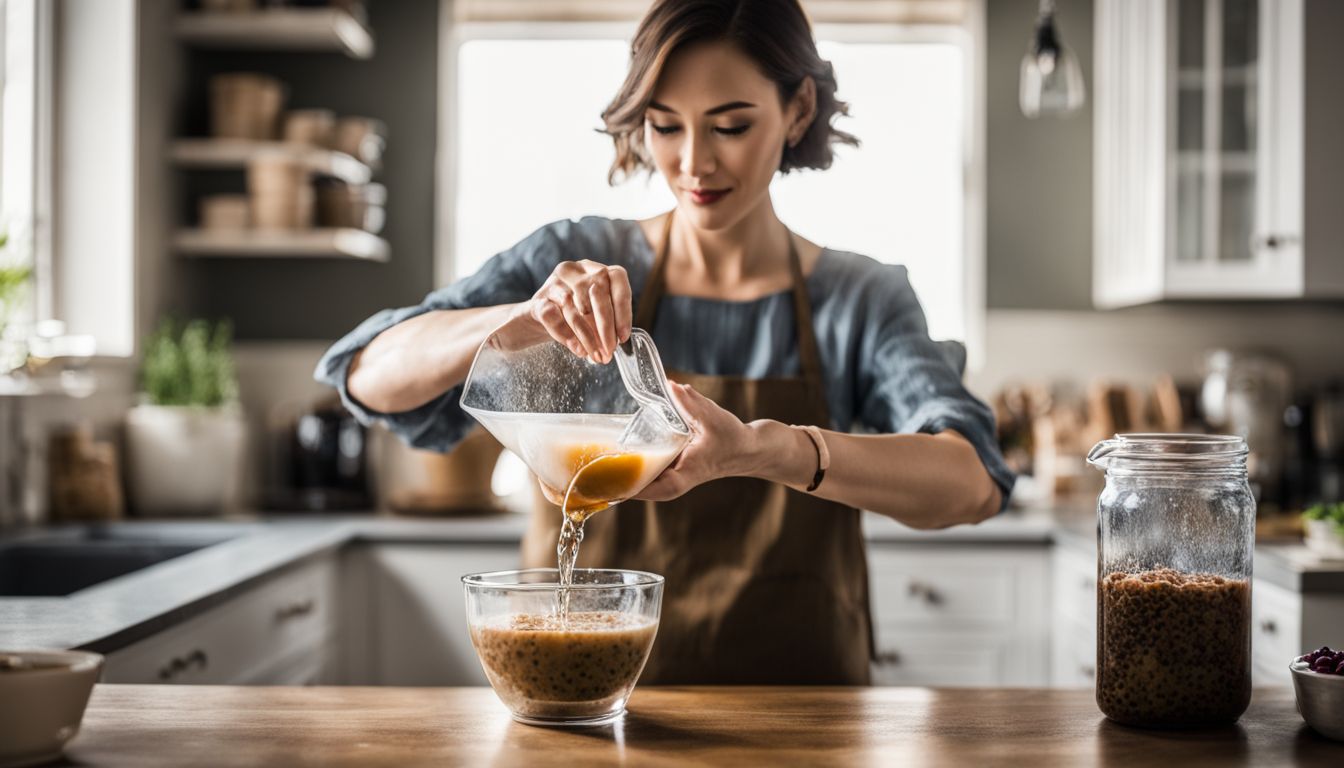 A woman pouring homemade crystal boba into a glass in a well-lit kitchen.