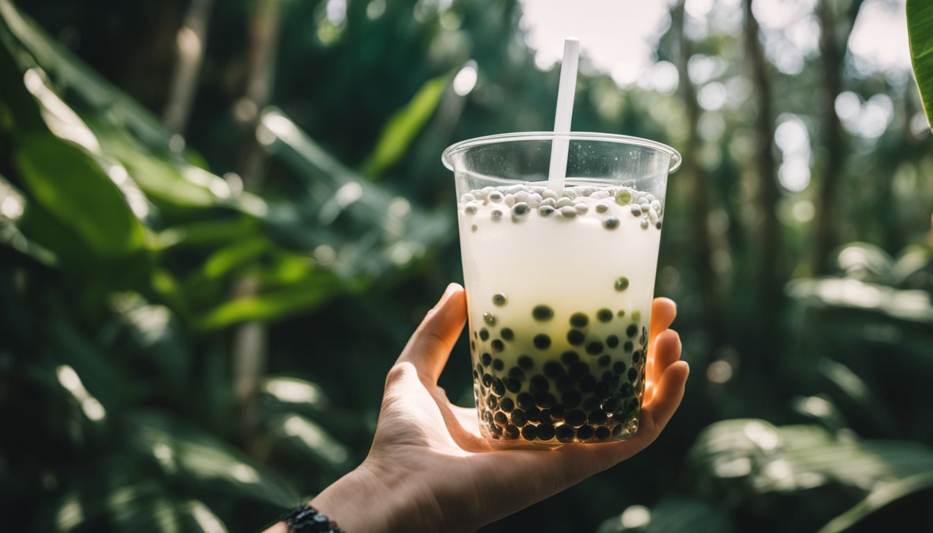 A hand holds a clear cup of bubble tea with crystal boba pearls.