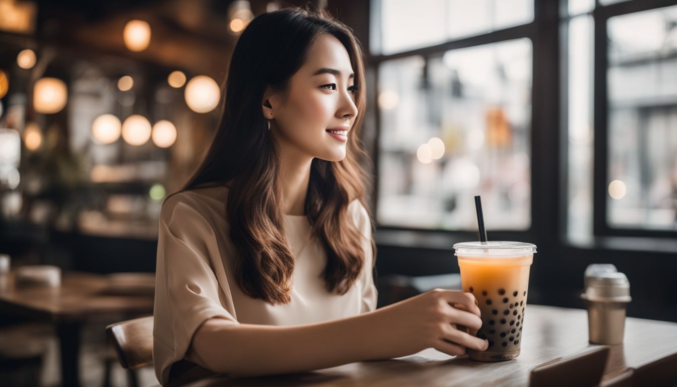 A woman holding a cup of crystal boba tea with a calorie comparison chart in the background.