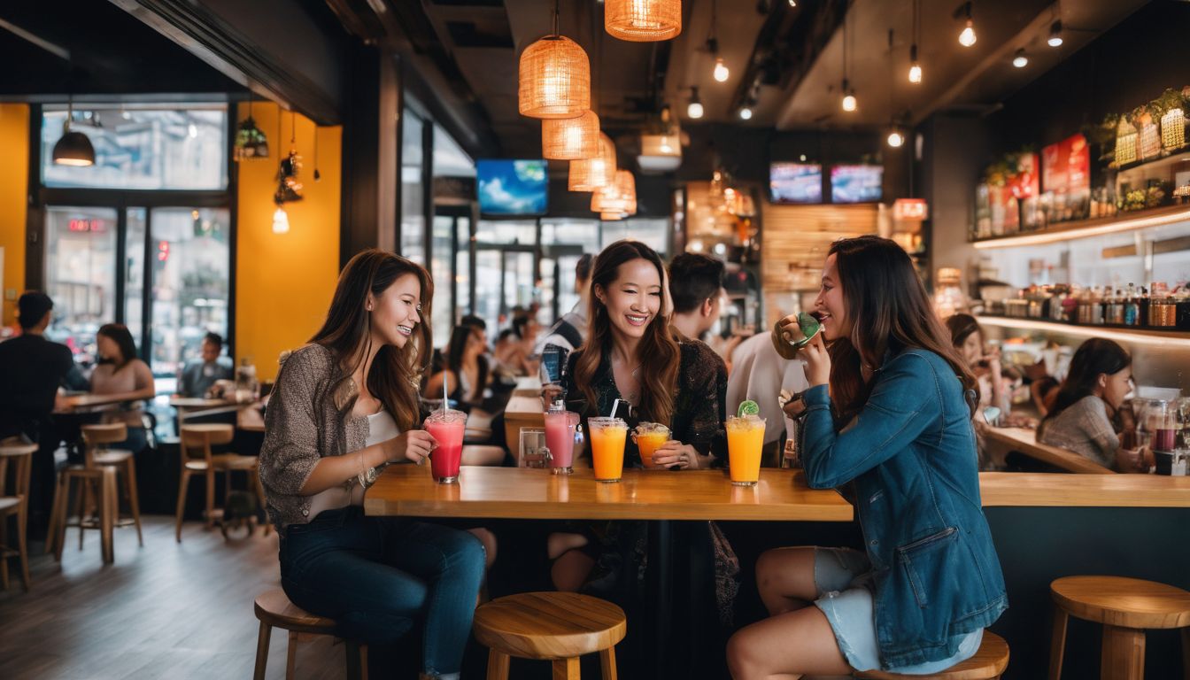 A group of friends enjoying boba drinks at a vibrant cafe.