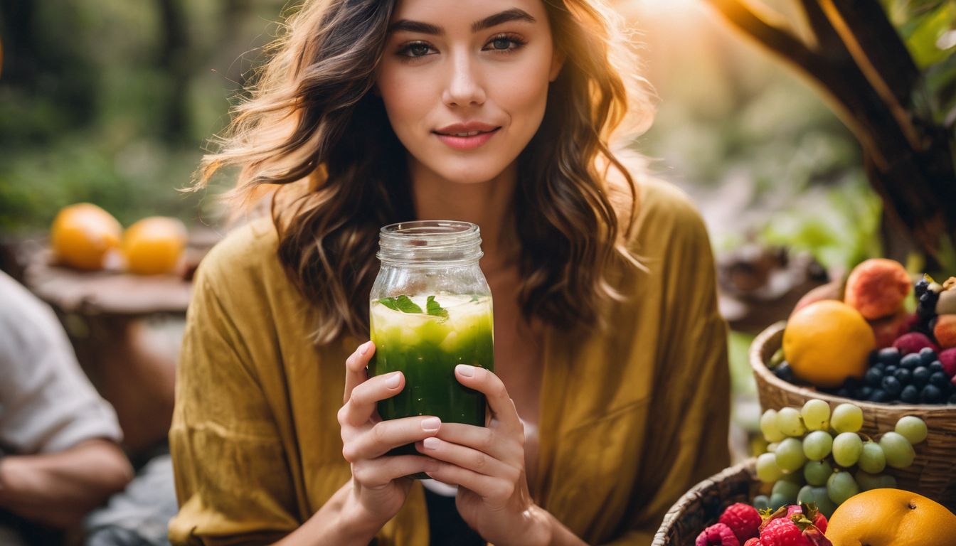 A person holding a vegan crystal boba drink surrounded by fresh fruits.