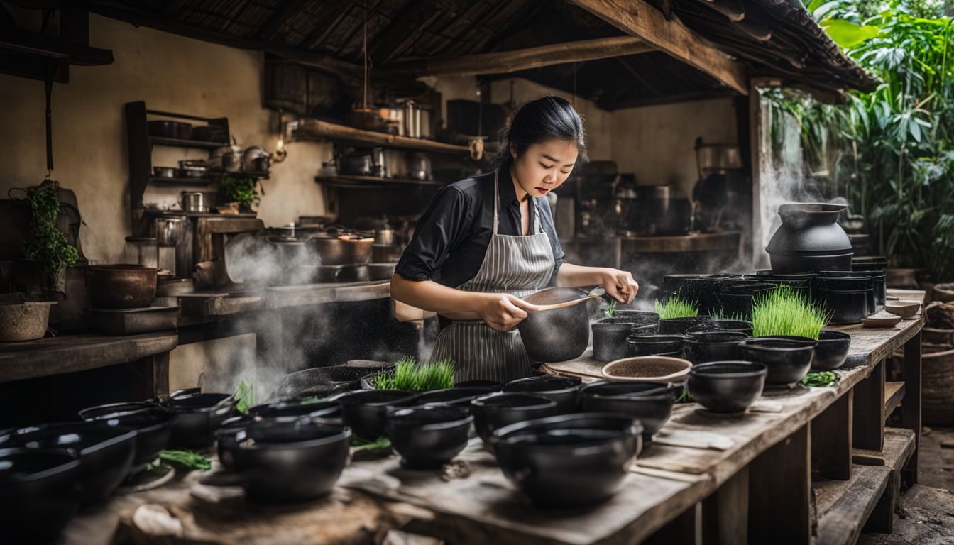 The photo captures the process of making grass jelly in a traditional kitchen.