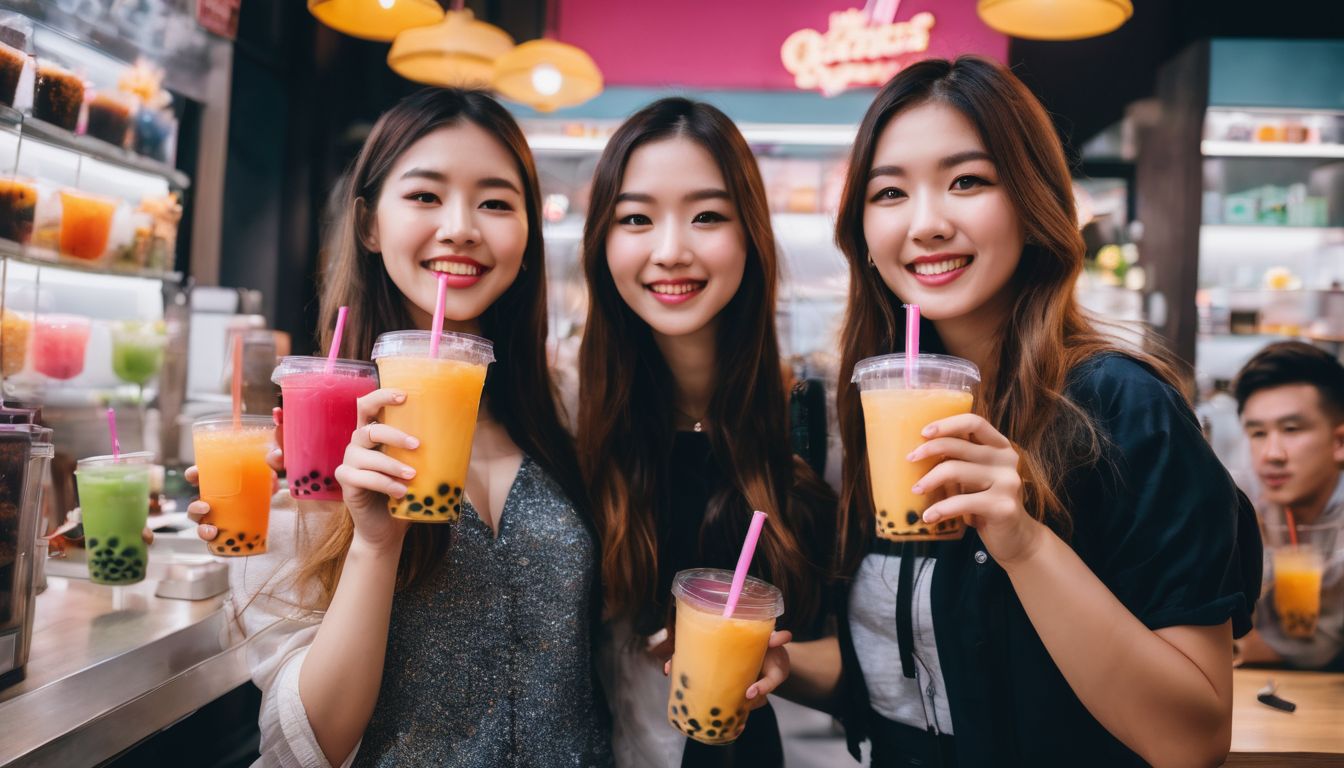 A group of friends enjoying bubble tea with crystal boba at a colorful bubble tea shop.