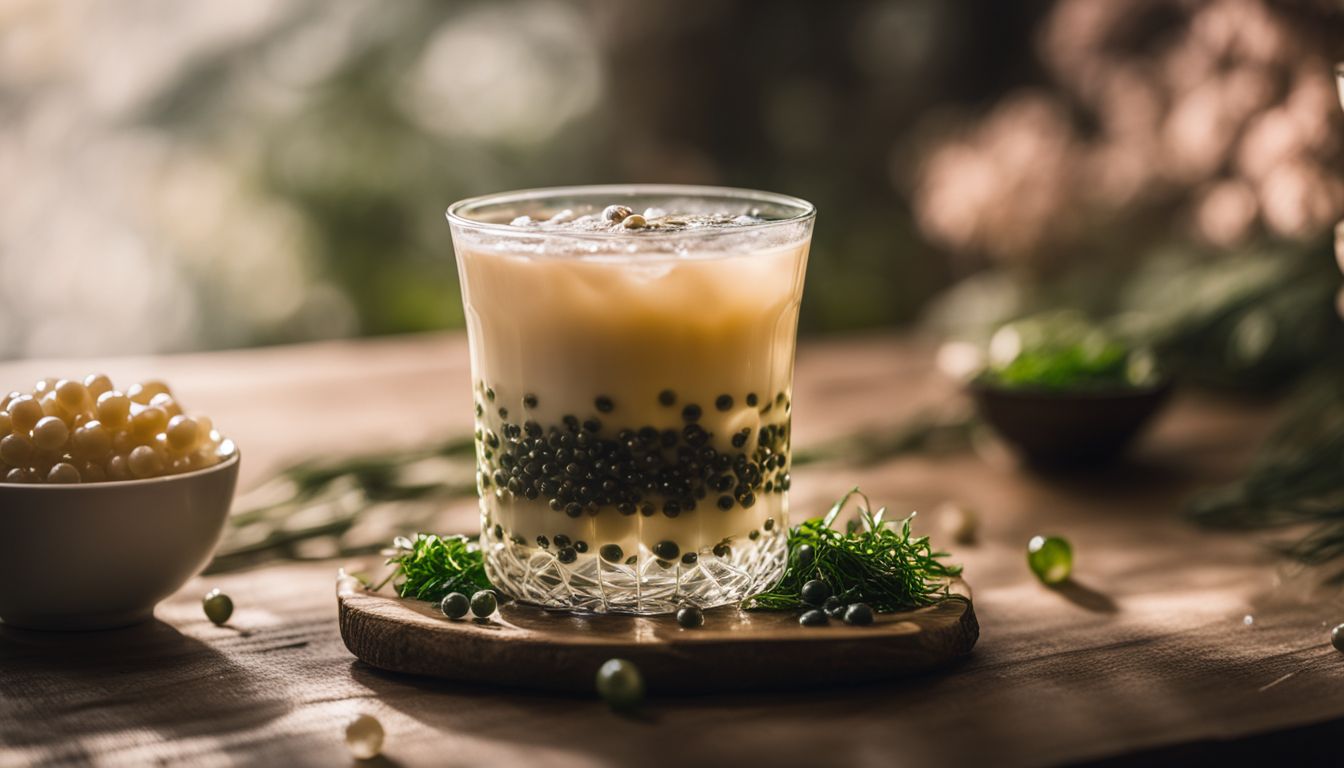 A glass of bubble tea with crystal boba pearls surrounded by agar powder and seaweed, captured in a bustling atmosphere.