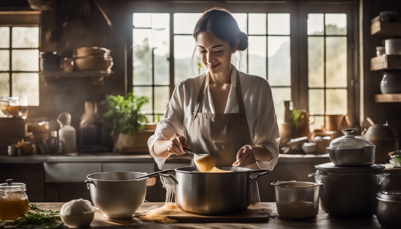 A woman stirring a large pot of ingredients in a bustling kitchen.