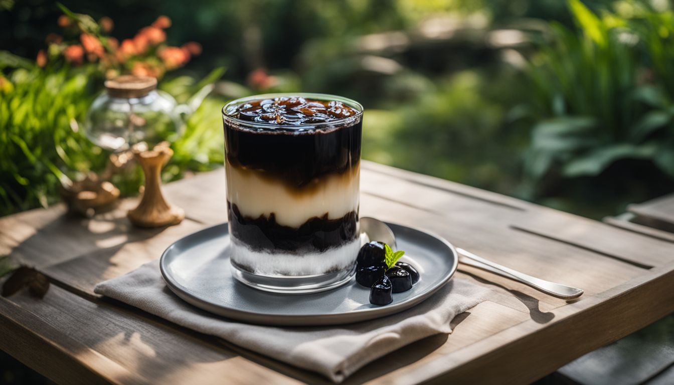A refreshing cup of grass jelly dessert in a peaceful garden setting.