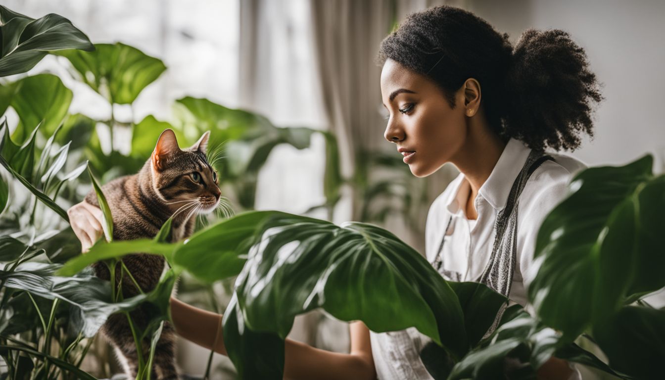 A curious cat inspecting a philodendron birkin plant in a home.
