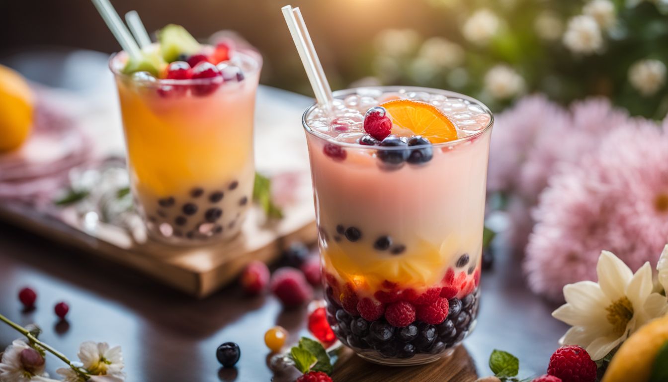 A glass of bubble tea with crystal boba pearls surrounded by colorful fruits and flowers.