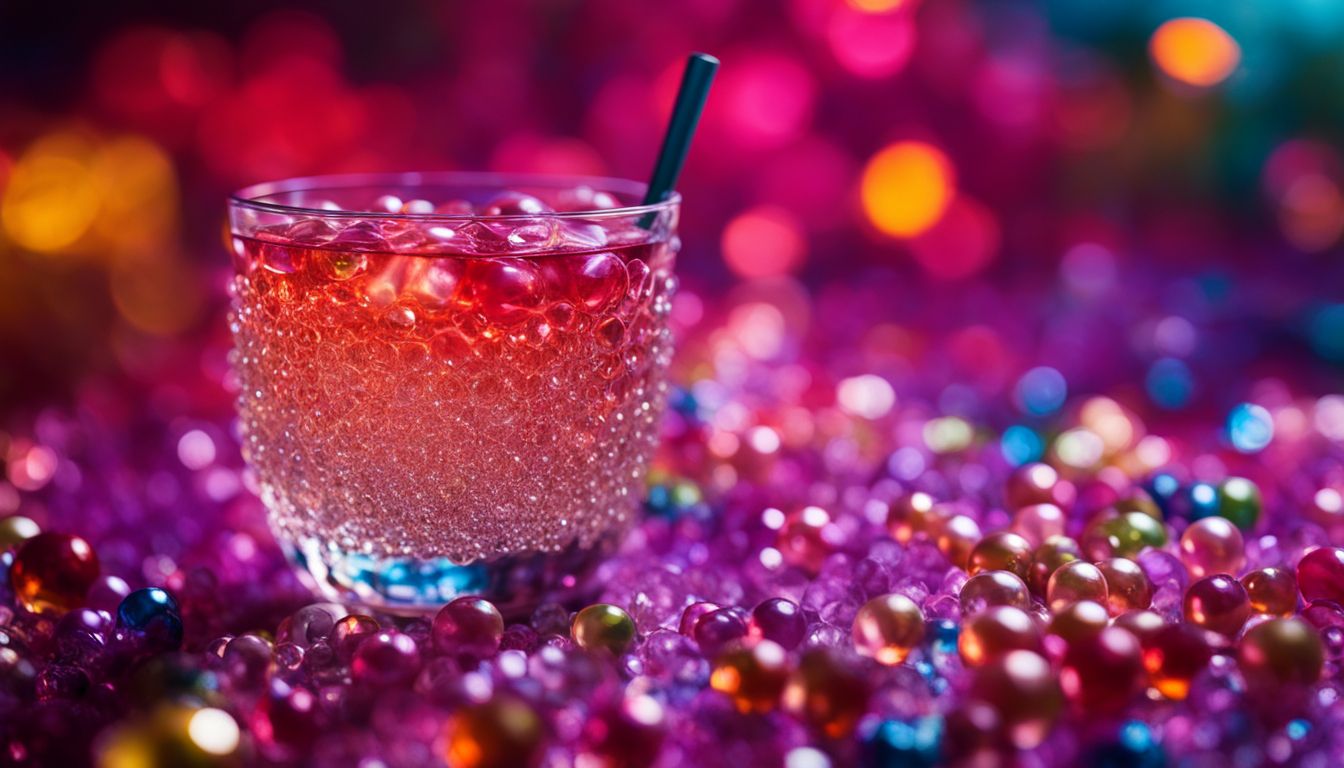 Shimmering crystal boba pearls in a colorful drink setting with diverse people.