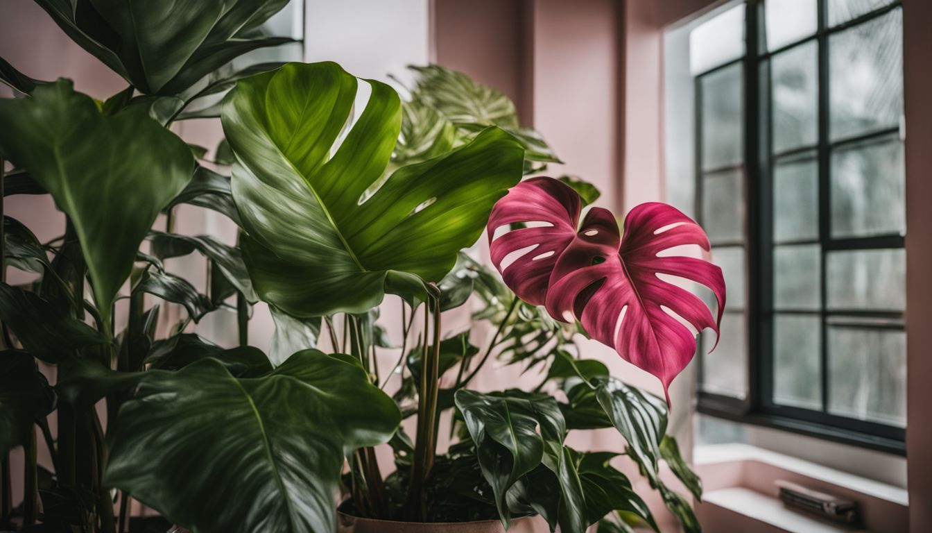 A vibrant philodendron birkin pink in a modern indoor space.