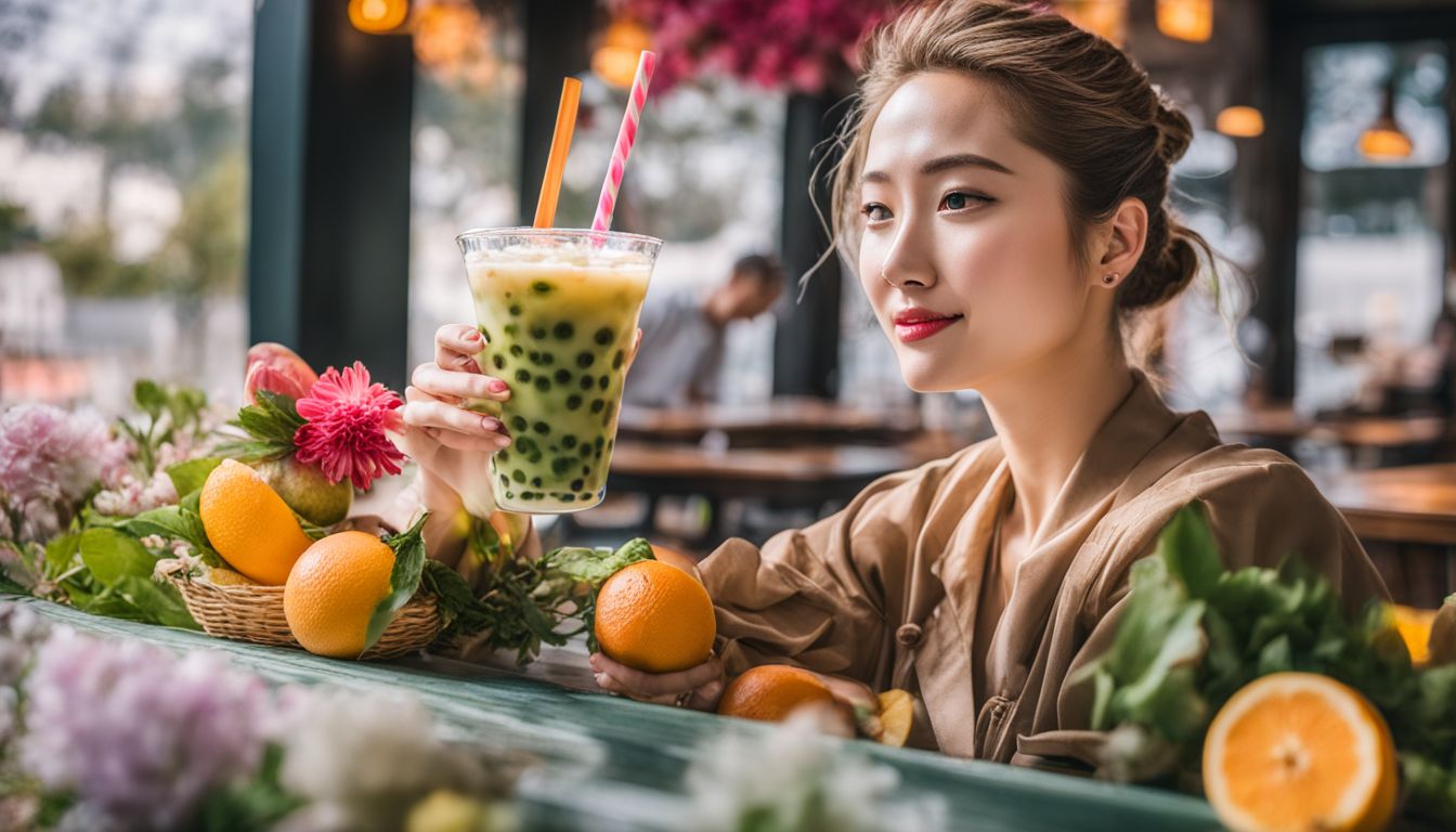 A colorful bubble tea with crystal boba surrounded by fruits and flowers.