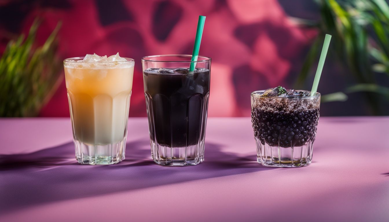 A photo of crystal boba and grass jelly against a colorful background.