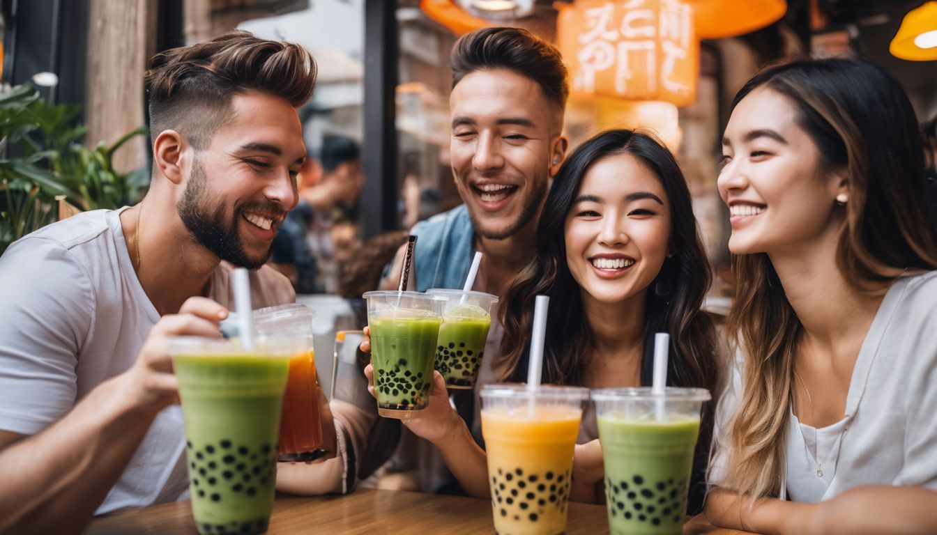 A diverse group of friends enjoying plant-based bubble tea at a vibrant bubble tea shop.