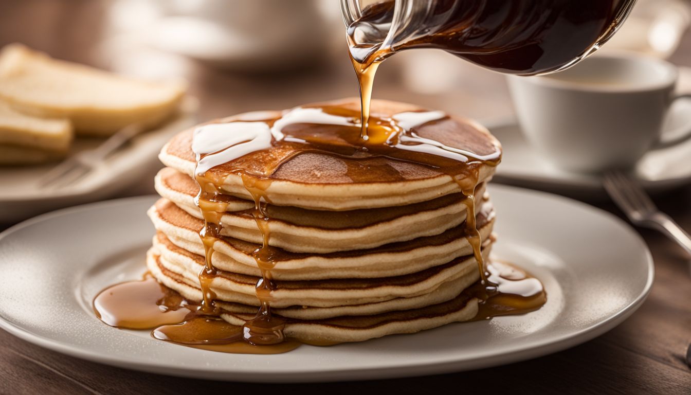 Brown sugar syrup being poured onto a stack of fluffy pancakes in a bustling kitchen setting.
