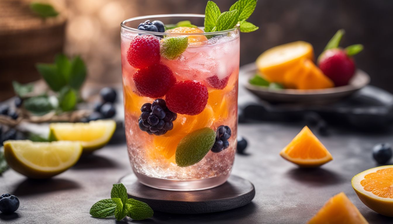 A close-up of a refreshing glass of crystal boba with colorful fruit flavors.