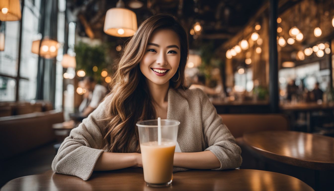 A woman enjoying keto bubble tea in a cozy cafe atmosphere.