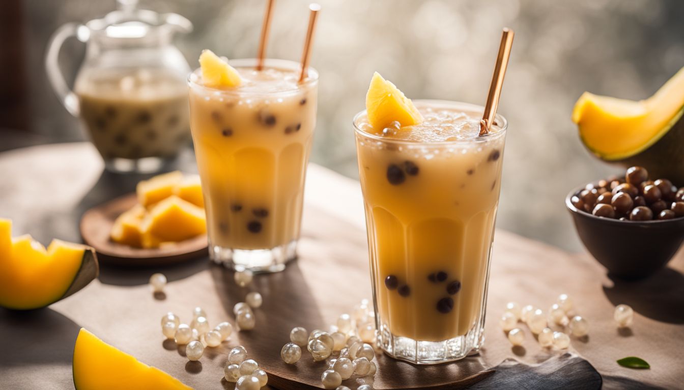 A glass of homemade crystal boba tea surrounded by fresh mango slices.