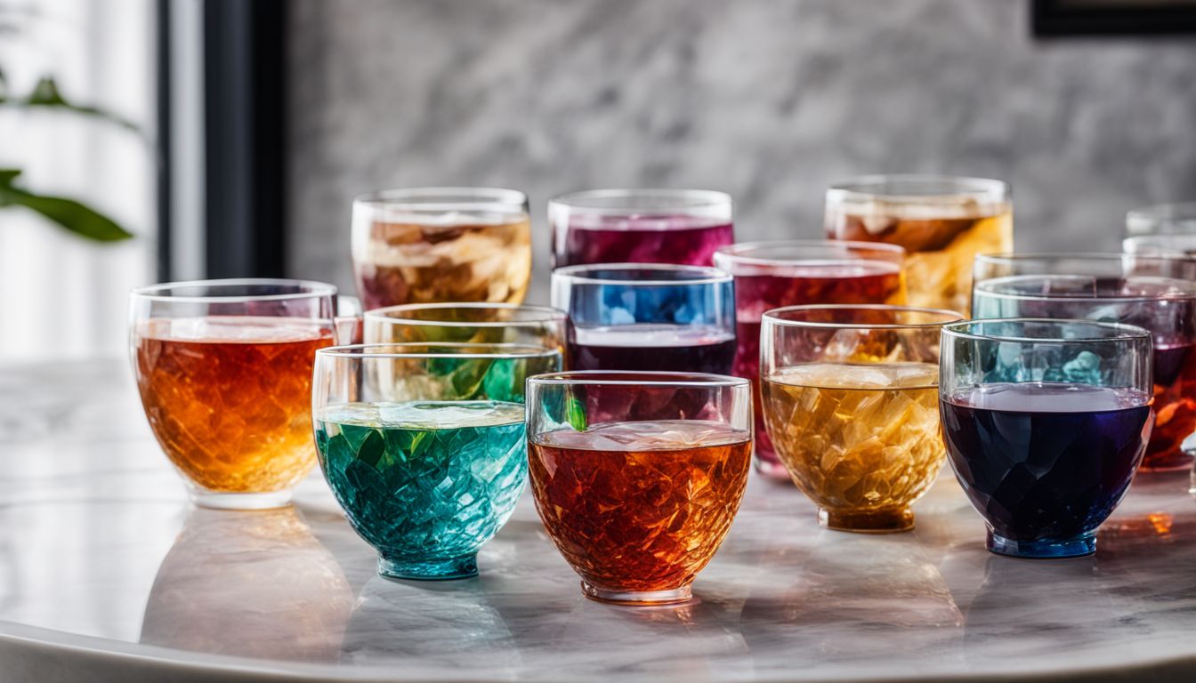 A diverse collection of colorful crystal boba in glass tea cups.