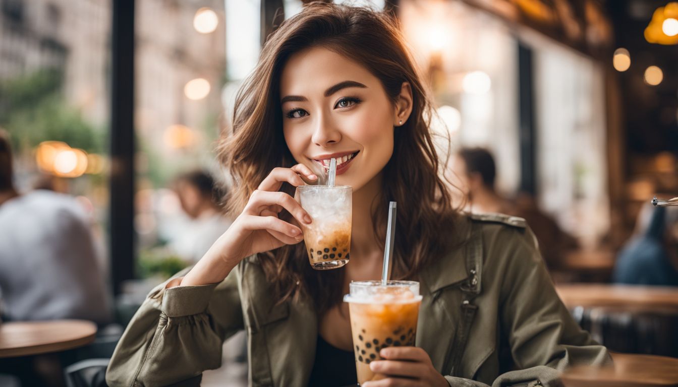 A woman enjoying a refreshing vegan boba drink in a trendy cafe.