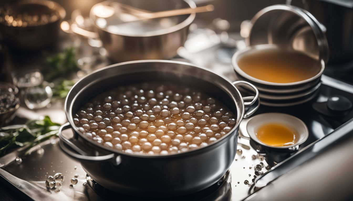 A close-up photo of perfectly cooked crystal boba pearls in boiling water.
