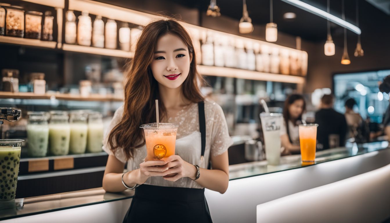 A glass of crystal boba in a modern bubble tea shop.