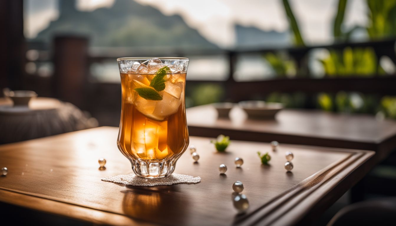 A glass of iced tea with crystal boba pearls on a traditional taiwanese tea table.