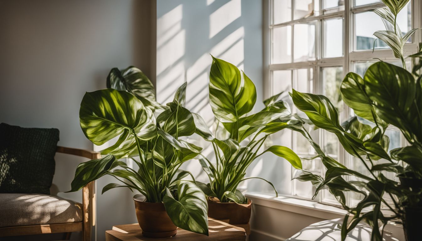 A photo of philodendron birkin in a sunlit room with unique foliage.