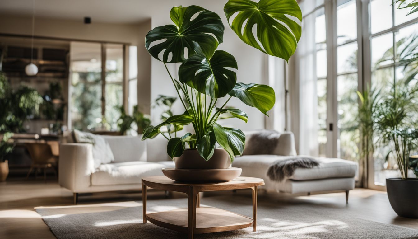 A philodendron birkin plant in a well-lit living room.