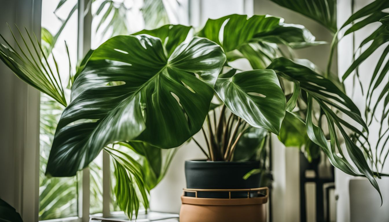 A thriving philodendron birkin plant in a tropical indoor garden.