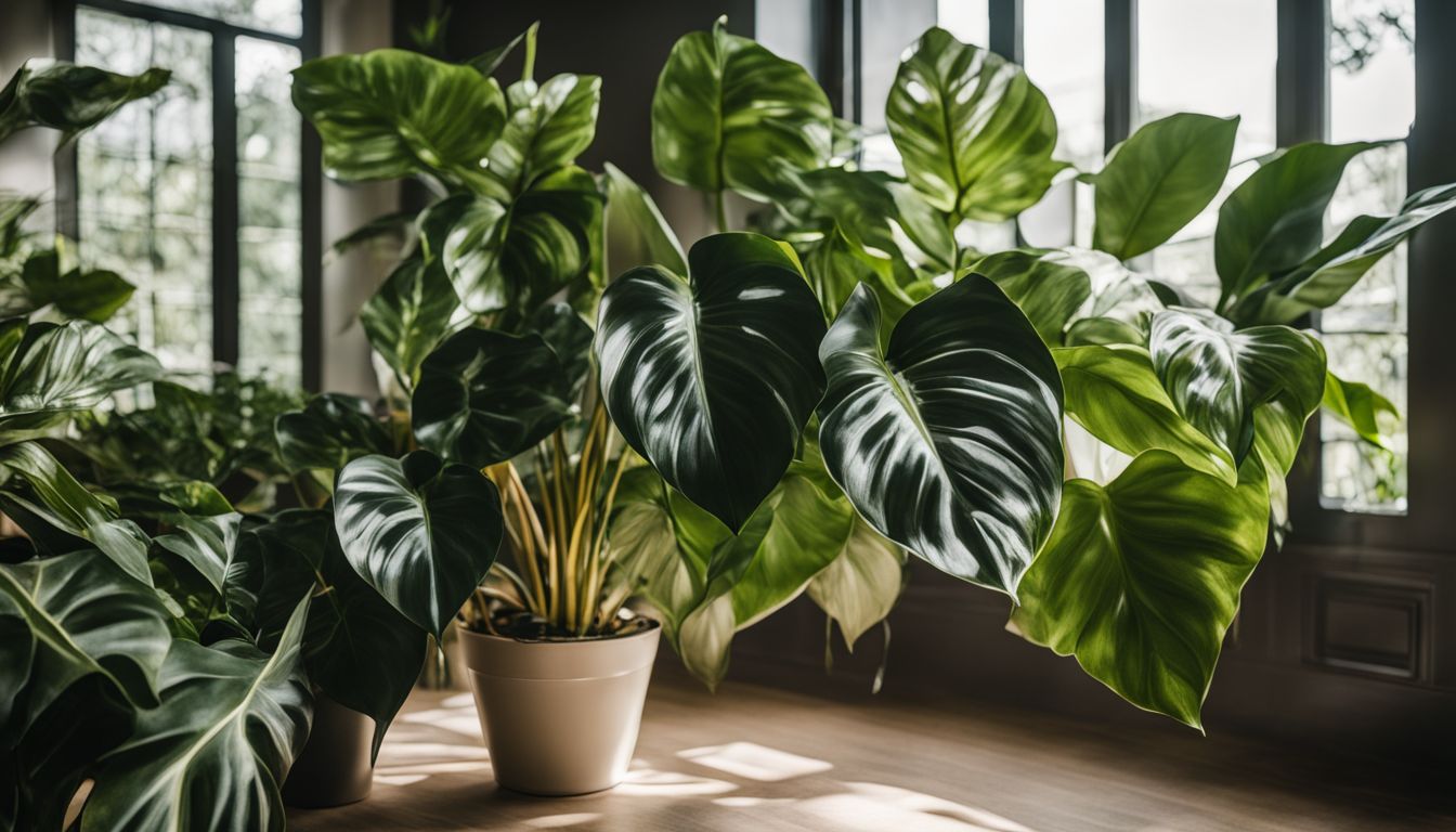 Photo of a philodendron birkin plant among other houseplants.
