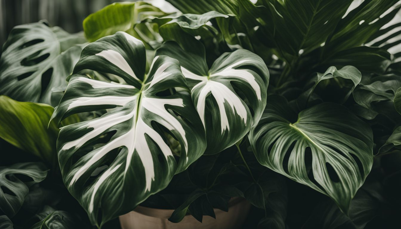 A philodendron birkin plant in a bustling, vibrant natural setting.