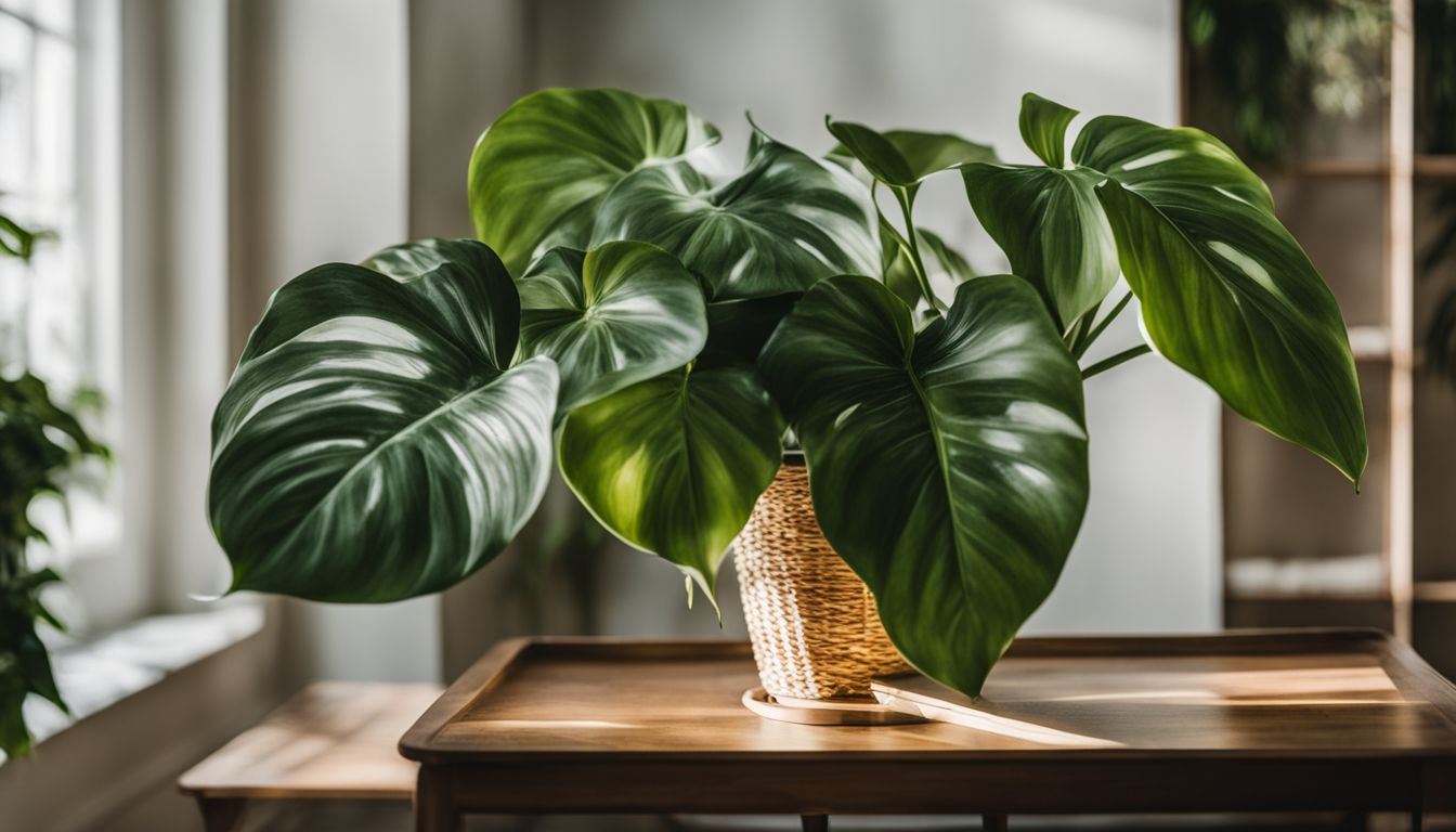 A healthy philodendron birkin plant in a vibrant, well-lit room.