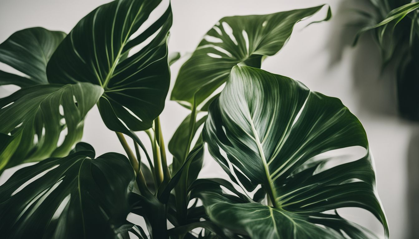 A photo of philodendron birkin leaves in a well-lit indoor setting.