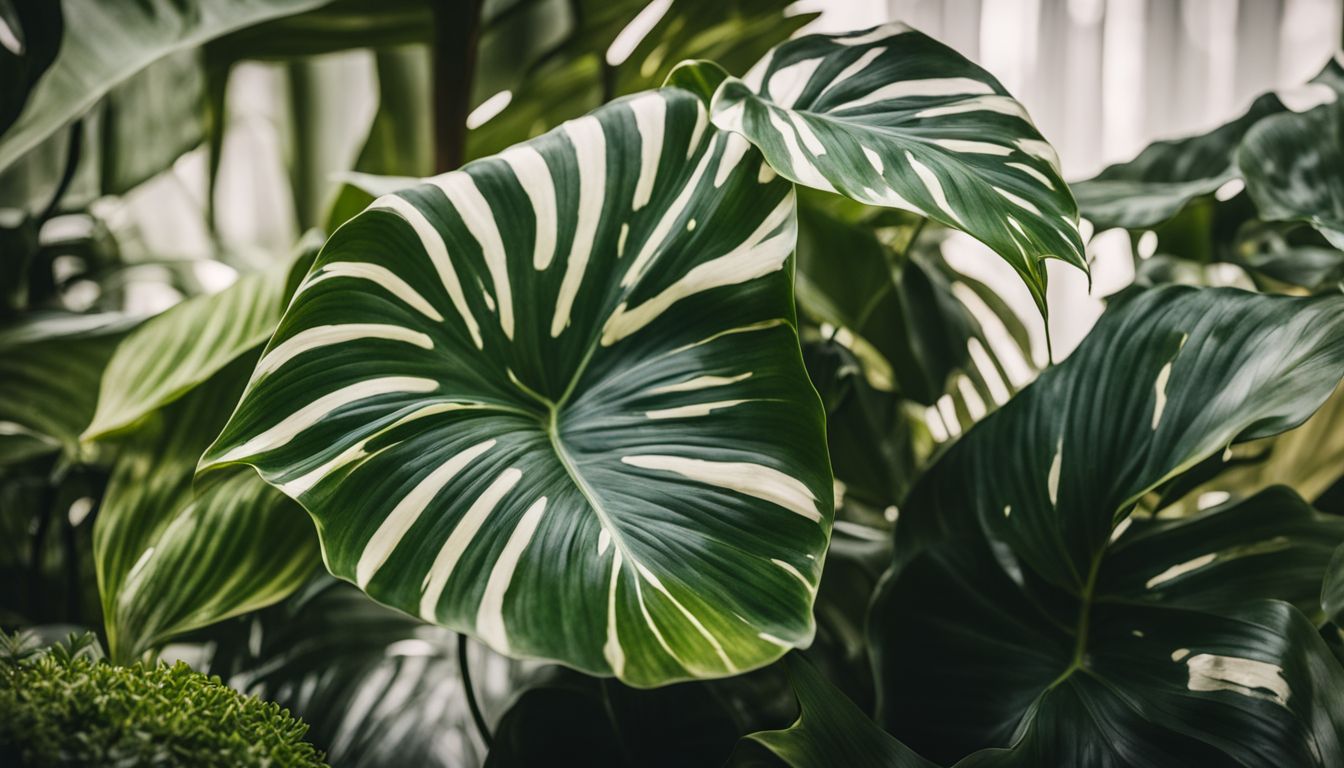 The vibrant variegated leaves of philodendron birkin in a botanical garden.