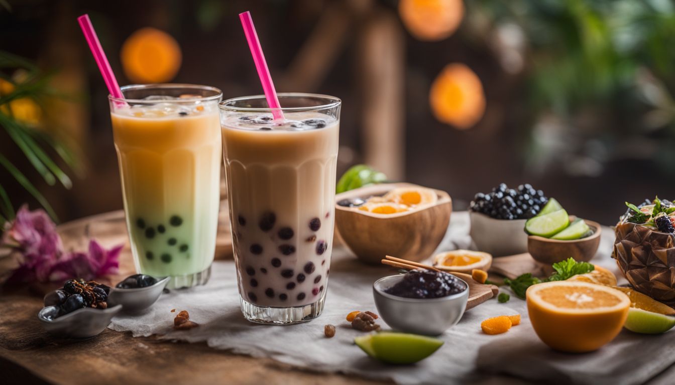 A delicious cup of boba tea surrounded by colorful ingredients.