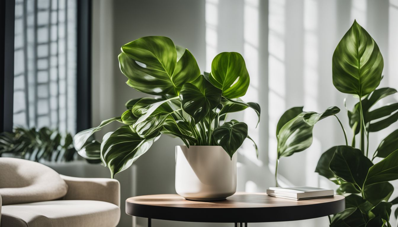 A philodendron birkin plant in a modern indoor environment.