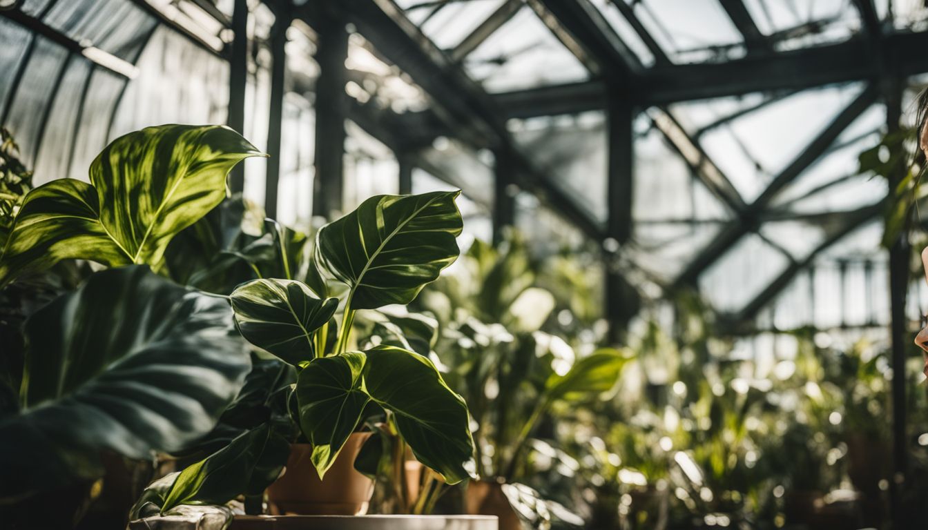 A photo of variegated philodendron birkin in a sunlit greenhouse.